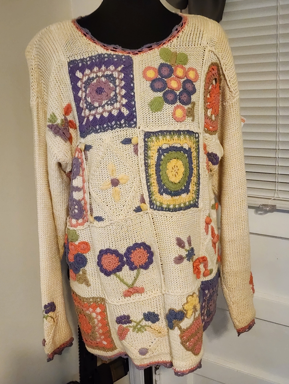 Crochet Patchwork Granny Square Sweater Floral Boho Cottagecore Knit Pullover Lg